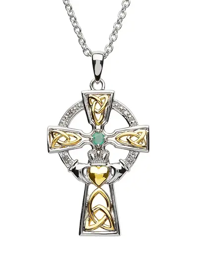 Medium Sterling Silver Trinity Knot Celtic Cross With Emerald & Diamond